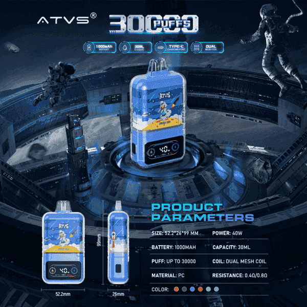 Futuristische Werbung für ein ATVS-Marken-Vape-Gerät mit Weltraum-Kunstwerk, das Astronauten zeigt, und Funktionen wie 30.000 Züge, 1000-mAh-Akku, 30 ml E-Liquid-Kapazität, Dual-Mesh-Spule, 40 W Leistung und verschiedene Farboptionen hervorhebt, vor dem Hintergrund einer Sci-Fi-Weltraumstation.