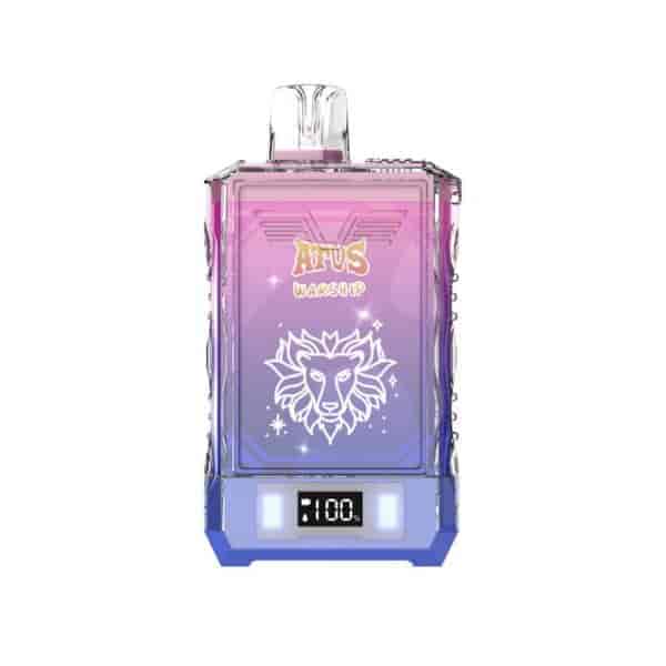 Purple and pink gradient vape device with a lion illustration, digital display showing battery percentage, and the brand name 'AFUS WARSHIP' on the front.
