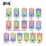 A display of sixteen colorful ATUS brand vape devices, each labeled with a different fruity or icy flavor such as Mango Ice, Grape Ice, Peach Ice, and others, arranged in rows with each device featuring a unique icon and a digital readout at the bottom.