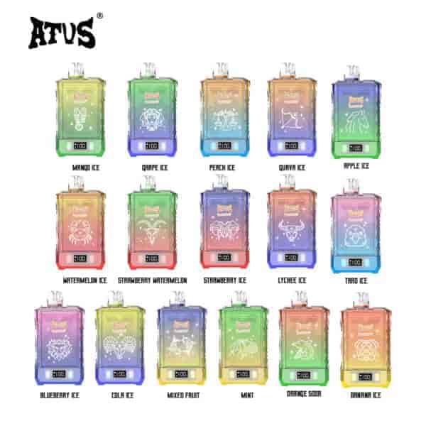 A display of sixteen colorful ATUS brand vape devices, each labeled with a different fruity or icy flavor such as Mango Ice, Grape Ice, Peach Ice, and others, arranged in rows with each device featuring a unique icon and a digital readout at the bottom.