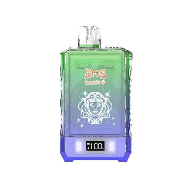 Colorful ATUS Warship vape device with a woman's face illustration and a digital display showing 100%.