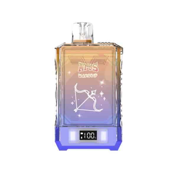 Colorful rectangular vape device labeled 'AFUS Warship' with a bow and arrow graphic and a digital screen reading '100'.