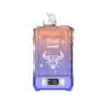 Rectangular perfume bottle with a clear cap, purple-to-orange gradient color, a bull head graphic, and a small display showing '100%'.