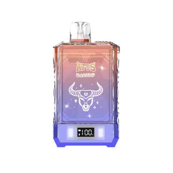 Rectangular perfume bottle with a clear cap, purple-to-orange gradient color, a bull head graphic, and a small display showing '100%'.