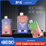 Three ATUS Warship disposable vapes with digital displays, in different gradient colors and animal graphics, are shown against a background highlighting their features including 750mAh battery, Type-C charging, 25ml e-liquid capacity, dual mesh coil, and ability to deliver 18,000 puffs.