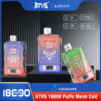 Three ATUS Warship disposable vapes with digital displays, in different gradient colors and animal graphics, are shown against a background highlighting their features including 750mAh battery, Type-C charging, 25ml e-liquid capacity, dual mesh coil, and ability to deliver 18,000 puffs.