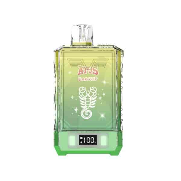 A rectangular green and yellow vape device labeled 'AFUS WARSHIP' with a white scorpion illustration and a digital display showing 100%.