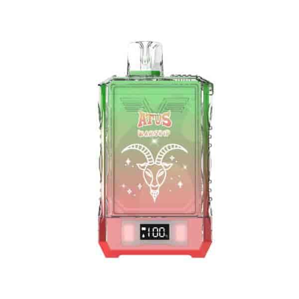 Colorful rectangular vape device with 'AFUS WARSHIP' text, a stylized goat head illustration, and a digital display reading 100%.