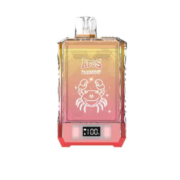 A gradient orange and pink rectangular vape device with a cartoon crab illustration, digital display reading 100%, and the words 'AFUS Warship' on the front.