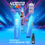 Promotional image for Bang Blaze Shisha showing two blue disposable vape devices labeled 'Blueberry Ice,' a hookah, a bottle of e-liquid, and text highlighting 40,000 puffs, rechargeable type-C, 1000 mAh battery, 40 ml capacity, and mesh coil.