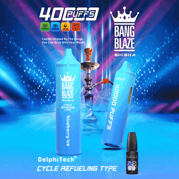Promotional image for Bang Blaze Shisha showing two blue disposable vape devices labeled 'Blueberry Ice,' a hookah, a bottle of e-liquid, and text highlighting 40,000 puffs, rechargeable type-C, 1000 mAh battery, 40 ml capacity, and mesh coil.