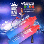 Colorful Bang Blaze Shisha vape devices with brand logo, a hookah, icons indicating features like 40,000 puffs and refill type, blueberry flavor mention, and a small vape juice bottle, all set against a blue bokeh background.