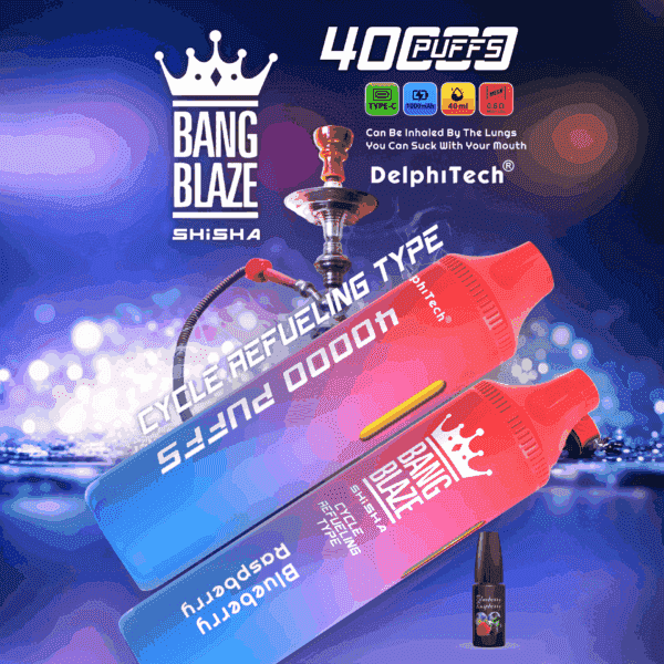 Colorful Bang Blaze Shisha vape devices with brand logo, a hookah, icons indicating features like 40,000 puffs and refill type, blueberry flavor mention, and a small vape juice bottle, all set against a blue bokeh background.
