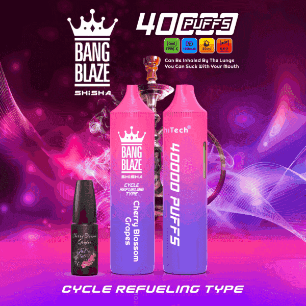 Bang Blaze Shisha Cherry Blossom Grapes vape devices and e-liquid bottle on a vibrant pink and purple background with a hookah, highlighting 4000 puffs and cycle refueling type features.