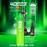Promotional image for BANG BLAZE SHISHA featuring a bright green Double Apples disposable vape device, a refill bottle, a hookah in the background, and product details highlighting 40,000 puffs, 40ml e-liquid, 1000mAh battery, and cycle refueling.