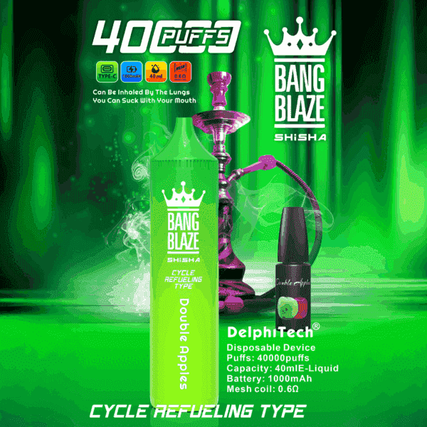 Promotional image for BANG BLAZE SHISHA featuring a bright green Double Apples disposable vape device, a refill bottle, a hookah in the background, and product details highlighting 40,000 puffs, 40ml e-liquid, 1000mAh battery, and cycle refueling.