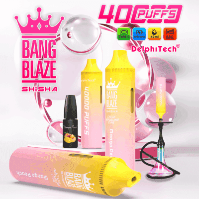 Annons för Bang Blaze Shisha vape-enhet i mangopersikasmak, som lyfter fram 40 000 puffar, uppladdningsbart Type-C-batteri, en påfyllningsflaska och en färgglad vattenpipaliknande bas, med rosa och gul gradientförpackning och produktfunktioner som visas.