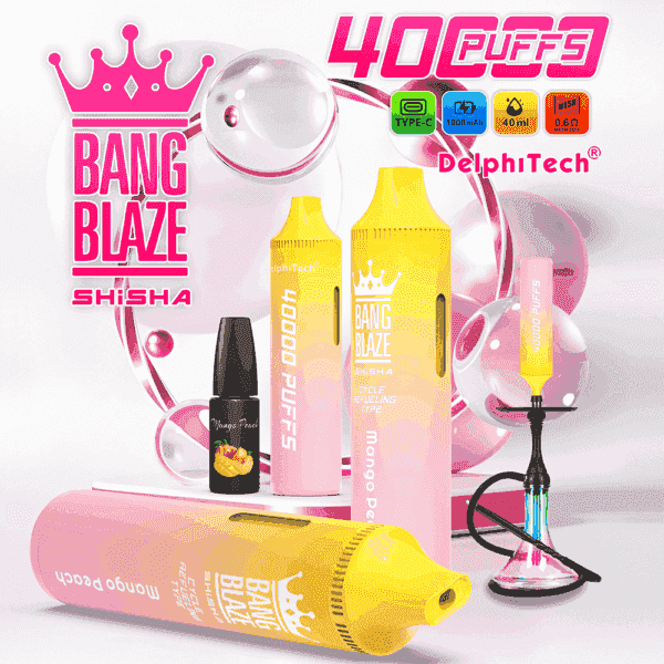 Advertisement for Bang Blaze Shisha vape device in mango peach flavor, highlighting 40000 puffs, rechargeable Type-C battery, a refill bottle, and a colorful hookah-style base, with pink and yellow gradient packaging and product features displayed.