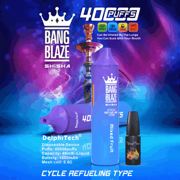 Bang Blaze Shisha vape device and e-liquid bottle with mixed fruit flavor, surrounded by vibrant blue and pink lighting effects, a hookah silhouette, and product details highlighting 40,000 puffs, 40ml e-liquid capacity, 1000mAh battery, and cycle refueling feature.