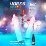 Promotional image for Bang Blaze Shisha featuring two pastel-colored vape devices labeled 'Peach Ice', a refill bottle, a hookah in the background, and product details like 40,000 puffs and cycle refueling type.
