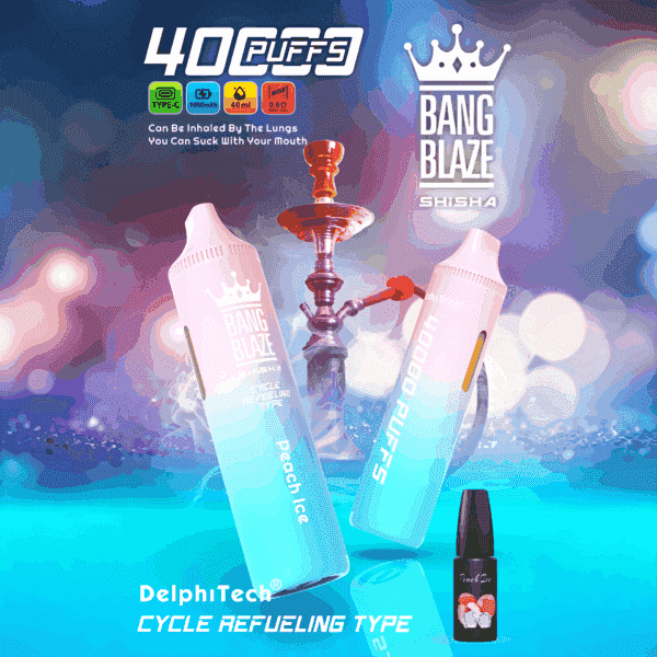 Promotional image for Bang Blaze Shisha featuring two pastel-colored vape devices labeled 'Peach Ice', a refill bottle, a hookah in the background, and product details like 40,000 puffs and cycle refueling type.