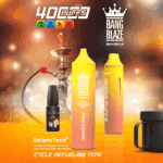 Promotional image for Bang Blaze Shisha, featuring yellow and orange vape devices labeled 'cycle refueling type' with 40,000 puffs, a Pina Colada e-liquid bottle, a traditional hookah, and various product specifications on a warm, smoky background.
