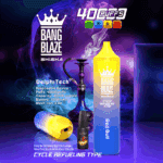 Advertisement for Bang Blaze Shisha featuring a large yellow and blue disposable vape labeled 'Red Bull,' a hookah in the background, a vape juice bottle, and product specs including 40,000 puffs, 40ml e-liquid capacity, 1000mAh battery, 0.6Ω mesh coil, and cycle refueling type.