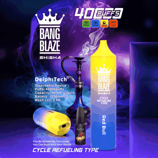 Advertisement for Bang Blaze Shisha featuring a large yellow and blue disposable vape labeled 'Red Bull,' a hookah in the background, a vape juice bottle, and product specs including 40,000 puffs, 40ml e-liquid capacity, 1000mAh battery, 0.6Ω mesh coil, and cycle refueling type.