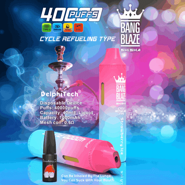 Advertisement for Bang Blaze Shisha disposable vape device, featuring pink and blue gradient vapes labeled 'Strawberry Ice,' product specifications, a hookah for context, e-liquid bottle, and text highlighting 40,000 puffs and key features against a colorful, abstract background.