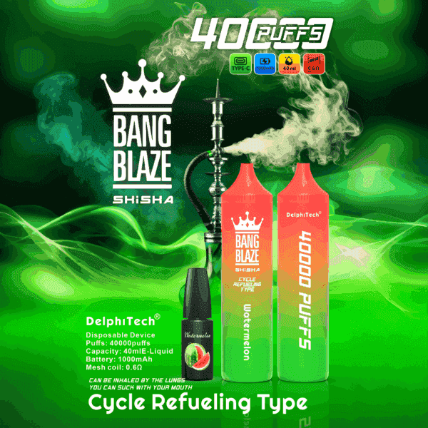 Advertisement for Bang Blaze Shisha vape device in watermelon flavor, showing two large disposable vape pens, a small watermelon e-liquid bottle, a hookah emitting vapor, and product details including 40,000 puffs, 40ml e-liquid, 1000mAh battery, and mesh coil specifications on a green smoky background.