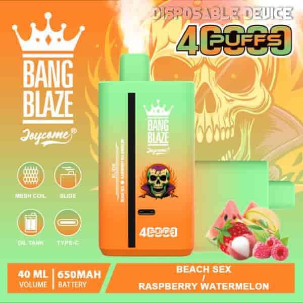 Colorful advertisement for Bang Blaze Joycome disposable vape featuring a green and orange device, fruit illustrations (strawberry, watermelon, raspberry, peach), a stylized skull graphic in the background, and text highlighting 40ml volume, 650mAh battery, and 4000 puffs.