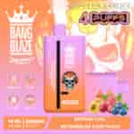 Promotional image for Bang Blaze disposable vape device in 'Berries Cool / Watermelon Sour Peach' flavor, featuring a colorful vape pod with a skull graphic, assorted fruit, and text highlighting 4000 puffs, 40ml volume, and 650mAh battery.