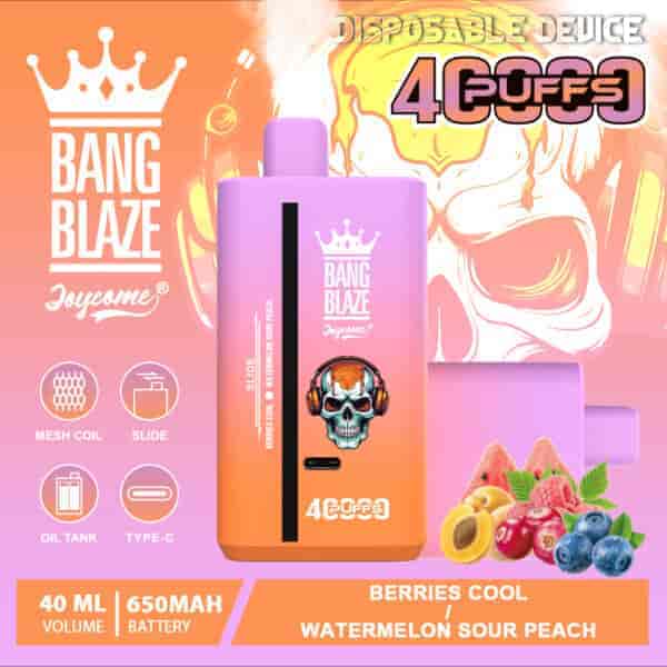 Promotional image for Bang Blaze disposable vape device in 'Berries Cool / Watermelon Sour Peach' flavor, featuring a colorful vape pod with a skull graphic, assorted fruit, and text highlighting 4000 puffs, 40ml volume, and 650mAh battery.