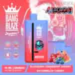 Bang Blaze disposable vape device with a blue and pink gradient, skull headphone graphic, and flavor options of blueberry cranberry cherry and watermelon cherry, shown with images of fruit and product specifications highlighted.
