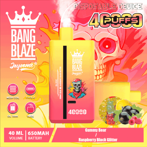 Colorful Bang Blaze Joycome disposable vape device packaging featuring a sugar skull illustration, product features like mesh coil and type-C charging, images of gummy bears, black currants, and raspberries, and text highlighting 4000 puffs and flavors Gummy Bear and Raspberry Black Glitter.