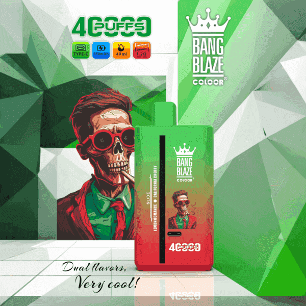 Vape product packaging with a red and green gradient design, displaying a stylized illustration of a person wearing a suit and bow tie, key specifications like 650mAh battery and 40ml capacity, and the brand name 'Bang Blaze Color', against an abstract green geometric background.