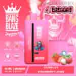 Promotional image for Bang Blaze Joycome disposable vape device featuring a pink background, large vape device with a stylized helmeted figure, product specifications like 40ml volume and 650mAh battery, illustrations of lychee, strawberry, and ice cubes, and highlighted flavors lychee ice and strawberry lychee.