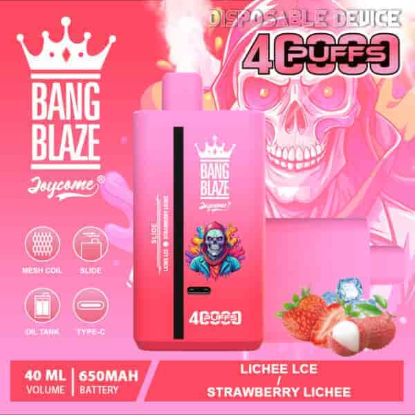 Promotional image for Bang Blaze Joycome disposable vape device featuring a pink background, large vape device with a stylized helmeted figure, product specifications like 40ml volume and 650mAh battery, illustrations of lychee, strawberry, and ice cubes, and highlighted flavors lychee ice and strawberry lychee.