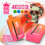 Colorful advertisement for Bang Blaze disposable vape devices featuring two rectangular orange and pink vapes, a stylized skeleton wearing sunglasses and a cap smoking, product specs highlighting 40,000 puffs, 40ml liquid capacity, and 650mAh battery, with bold branding and text.