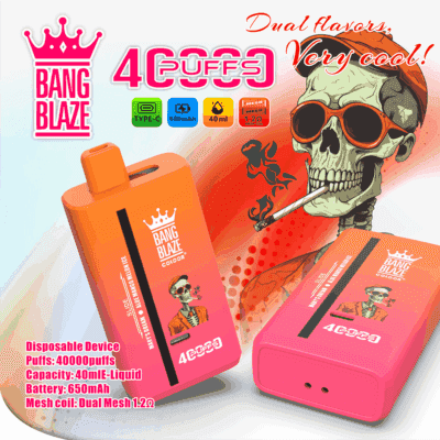 Färgglad reklam för Bang Blaze engångsvape-enheter med två rektangulära orange och rosa vapes, ett stiliserat skelett som bär solglasögon och en keps som röker, produktspecifikationer som framhäver 40 000 puffar, 40 ml vätskekapacitet och 650 mAh batteri, med djärvt märke och text.