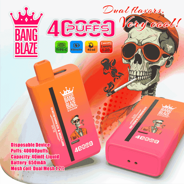 Colorful advertisement for Bang Blaze disposable vape devices featuring two rectangular orange and pink vapes, a stylized skeleton wearing sunglasses and a cap smoking, product specs highlighting 40,000 puffs, 40ml liquid capacity, and 650mAh battery, with bold branding and text.