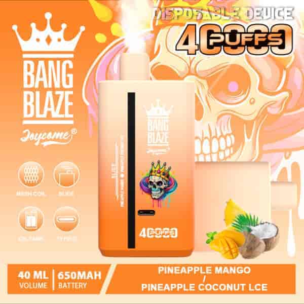 Promotional image for Bang Blaze Joycome disposable vape device featuring pineapple mango and pineapple coconut ice flavors, with a skull wearing a crown, bright orange colors, and ingredients graphics of pineapple, mango, and coconut.