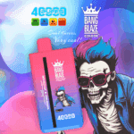 Colorful vape device with the label 'Bang Blaze Color' featuring dual flavors, rainbow candy and arctic freezing, shown against a vibrant, illustrated background of a character with blue and pink hair, and highlighting key features like 4000 puffs, Type-C charging, and 40ml e-liquid capacity.