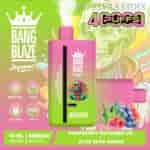 Colorful vape device packaging with a pink and green gradient, featuring a cartoon skeleton wearing sunglasses, fruit images (raspberries, blueberries, watermelon, grapes), and text highlighting raspberry watermelon and aloe vera grape flavors, 4000 puffs, 40ml volume, 650mAh battery, and product branding.