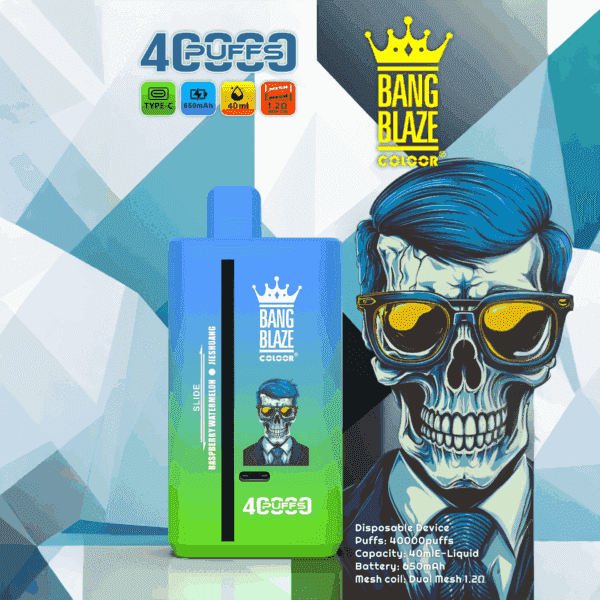 Bang Blaze Color disposable vape packaging with blue and green device, geometric background, crown logo, and illustrated character with blue hair and glasses; product specifications listed in the corner.
