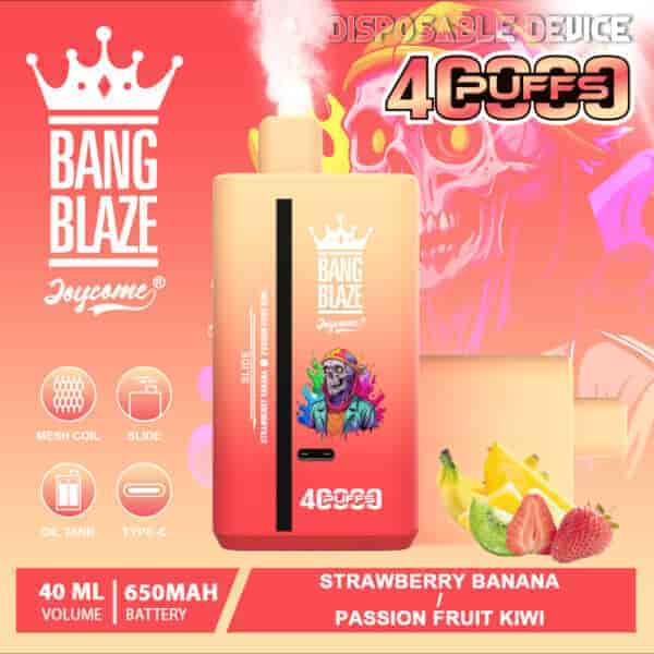 Promotional image for Bang Blaze Joycome disposable vape device featuring bold text, fruit illustrations including banana, strawberry, passion fruit, and kiwi, a gradient pink and orange vape with smoke, and product specifications such as 4000 puffs, 40ml volume, and 650mAh battery.