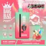Advertisement for the Bang Blaze Joycome disposable vaping device featuring 4000 puffs, a 40ml tank, a 650mAh battery, and flavors of strawberry ice cream and strawberry vanilla with colorful product images and flavor ingredients displayed.