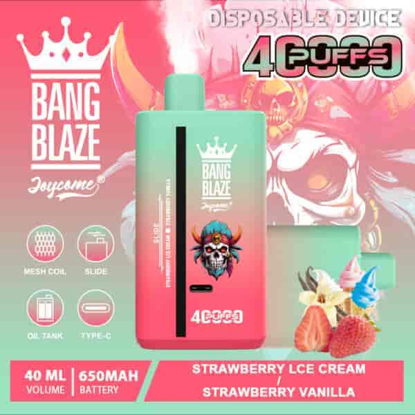 Advertisement for the Bang Blaze Joycome disposable vaping device featuring 4000 puffs, a 40ml tank, a 650mAh battery, and flavors of strawberry ice cream and strawberry vanilla with colorful product images and flavor ingredients displayed.