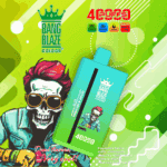 Colorful Bang Blaze disposable vape device with stylized artwork of a person with red hair, sunglasses, and a skeleton face in a teal jacket, surrounded by product features and vibrant green background.