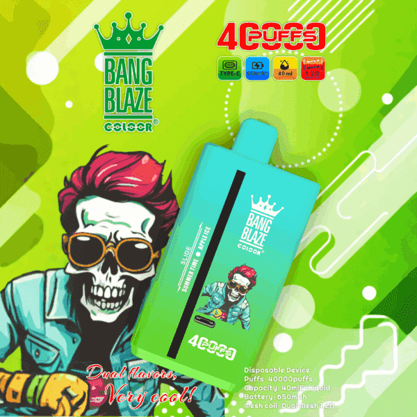 Colorful Bang Blaze disposable vape device with stylized artwork of a person with red hair, sunglasses, and a skeleton face in a teal jacket, surrounded by product features and vibrant green background.